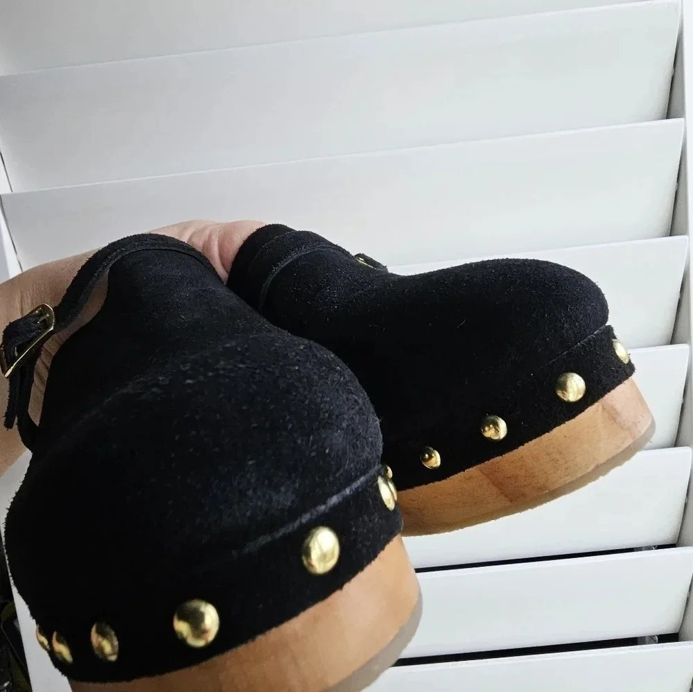Skechers Memory Foam Sabo Sandals Black Suede Wooden Clogs Mules Size 7 - Picture 4 of 8